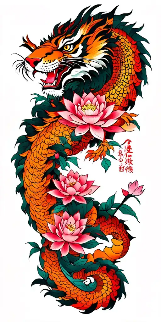 Japanese Style Arm Man Looking Irezumi Style Sleeve Dragon Tiger Lotus And Cherry Blossom