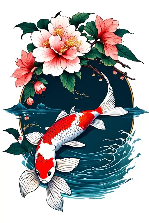 Traditional Japanese Cherry Blossom With Koi Fish With Flowers