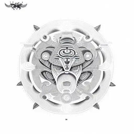 A Fusion Of African Tribal Masks And Musical Instruments In A Dotwork Style