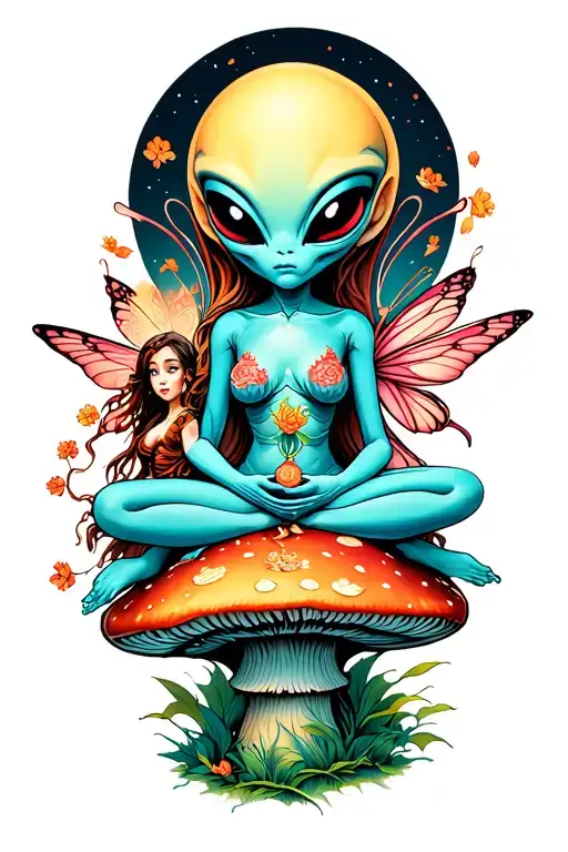 Enlightened Alien Sitting With A Fairy On A Mushroom