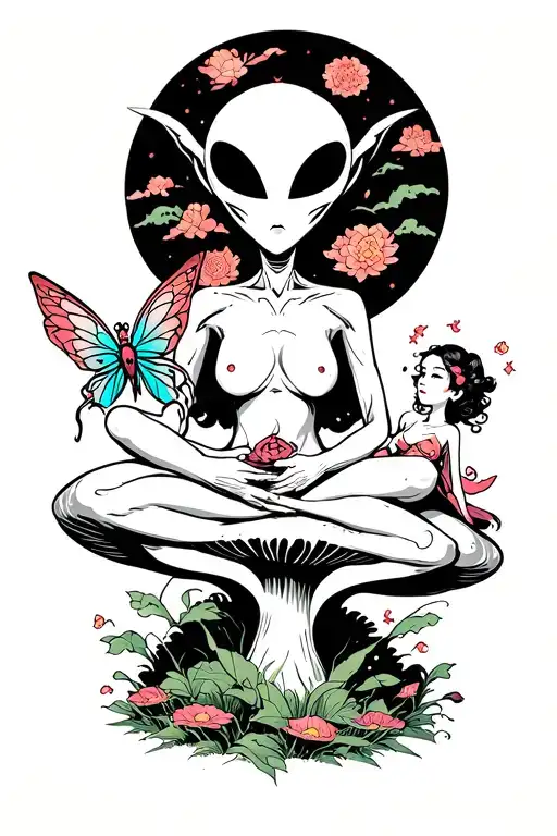 Enlightened Androgynous Alien Sitting With A Fairy On A Mushroom