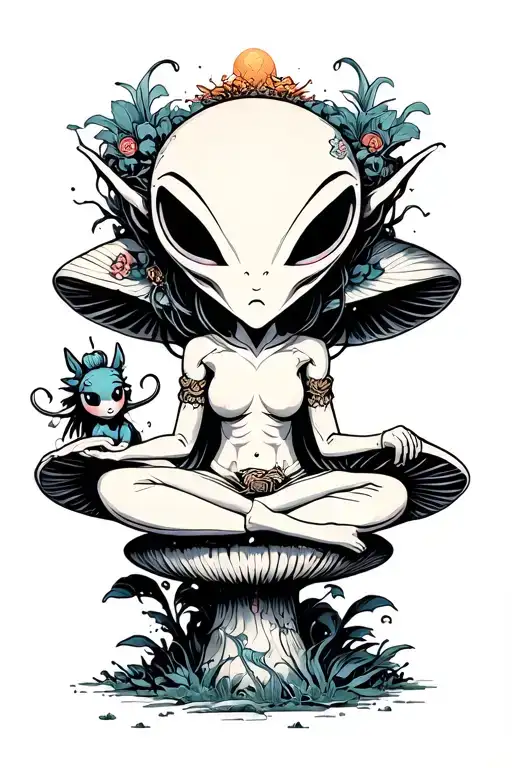 Enlightened Androgynous Alien Sitting With A Sprite On A Mushroom
