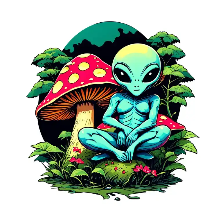 Psychedelic Alien Sitting On A Mushroom