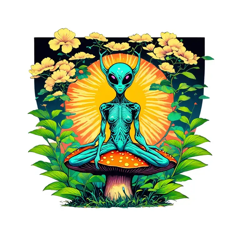 Tall And Thin Psychedelic Alien Sitting On A Mushroom