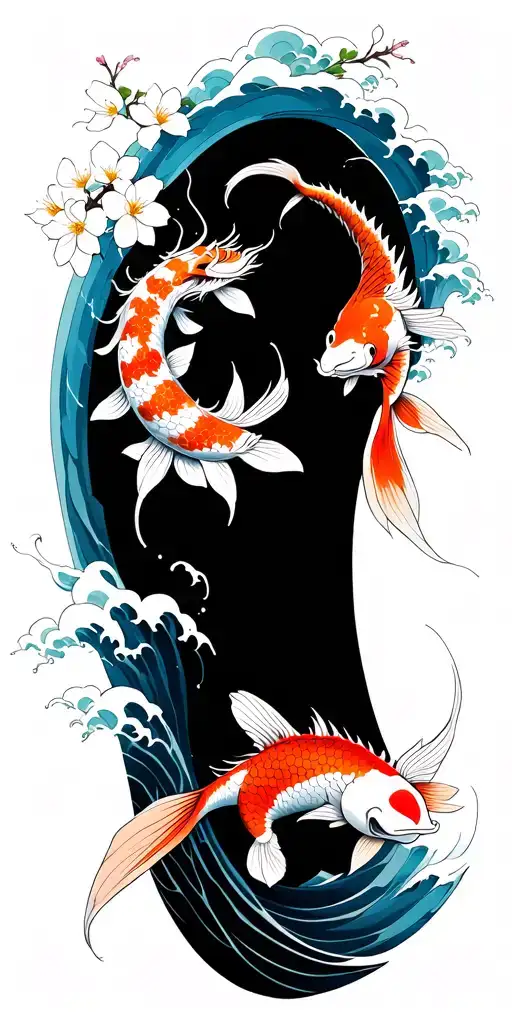 Waves Crashing In The Background With Cherry Blossoms And Koi Fish Turning Into A Dragon