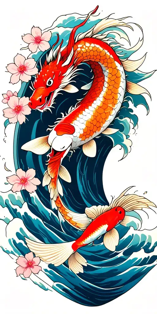 Waves Crashing In The Background With Cherry Blossoms And Koi Fish Turning Into A Dragon