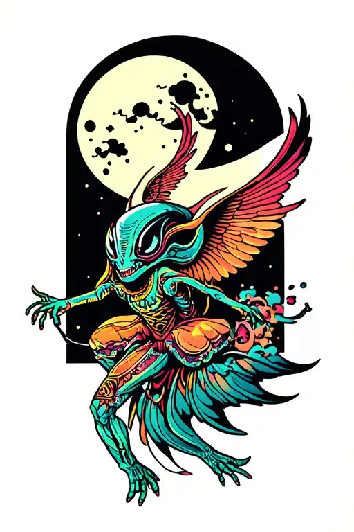Psychedelic Alien Flying Over The Moon