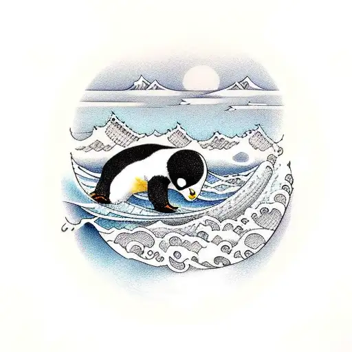 A Panda And A Penguin Surfing A Wave Together On Two Different Surfboards