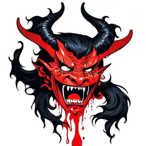 Demon That Cries From Rage Of Blood Tears While Holding In His Hand A Mastered Theatrical Style Mask