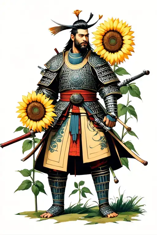 Male Samurai In Armour Sunflower Field