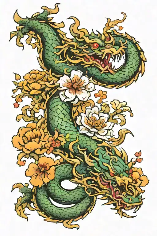 Dragon And Flowers Tatto Design