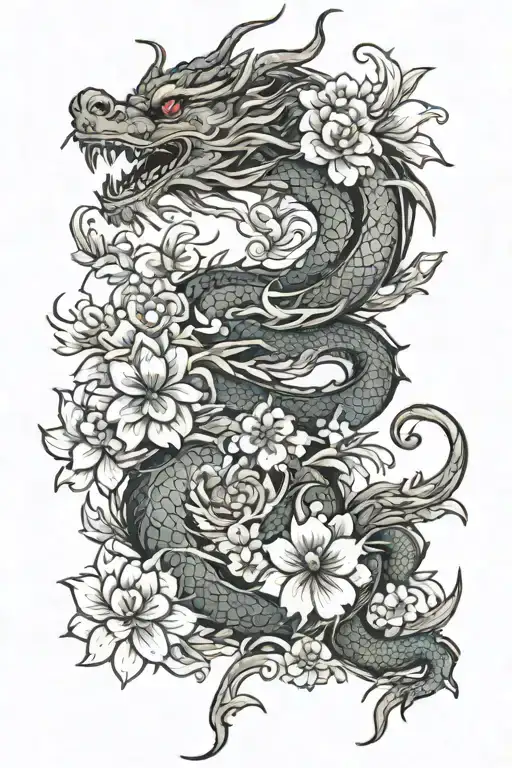 Dragon And Flower Tatto Design