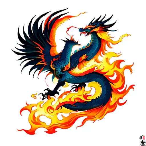Phoenix And Dragon Breathing Fire Flames