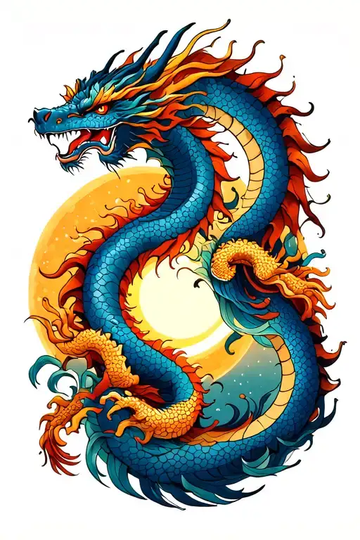 Dragons Intertwined With The Sun And The Moon
