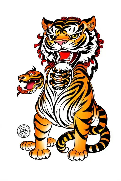 Tiger With Oni Mask And Snake