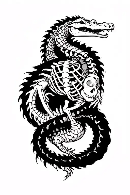 Crocodile Wrapped Around A Human Skeleton In An Upwards Spiral