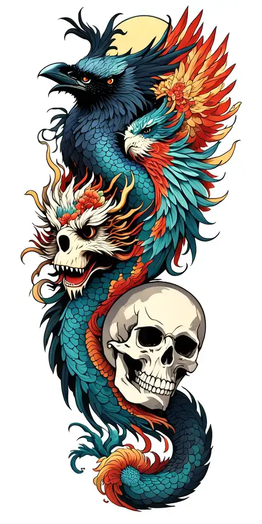 Chinese Dragon And Phoenix And Skull And Moon And Raven