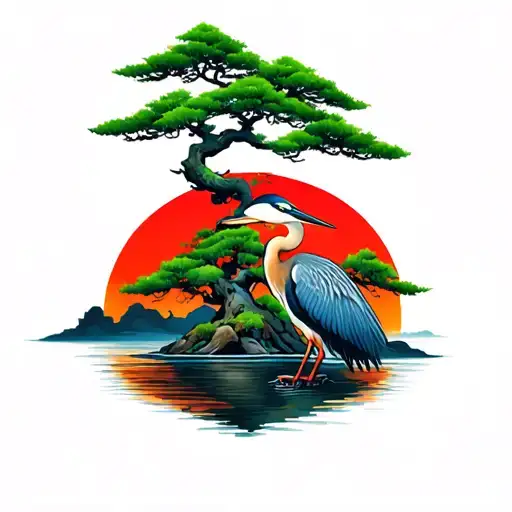 Green Bonsai Tree With A Blue Heron And A Red Sunset