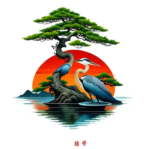 Green Bonsai Tree With A Blue Heron And A Red Sunset