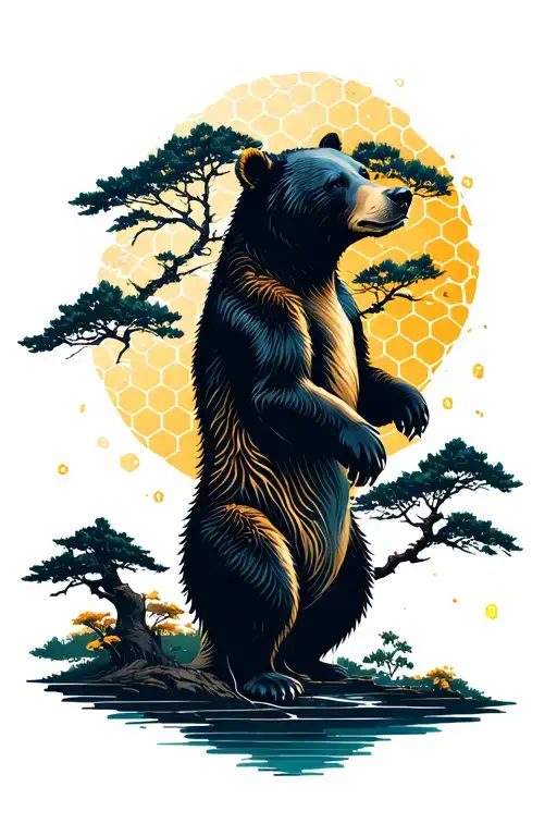 A Bear Silhouette Amid A Tranquil Forest Scene Starting On The Hand And Structured In Honeycombs
