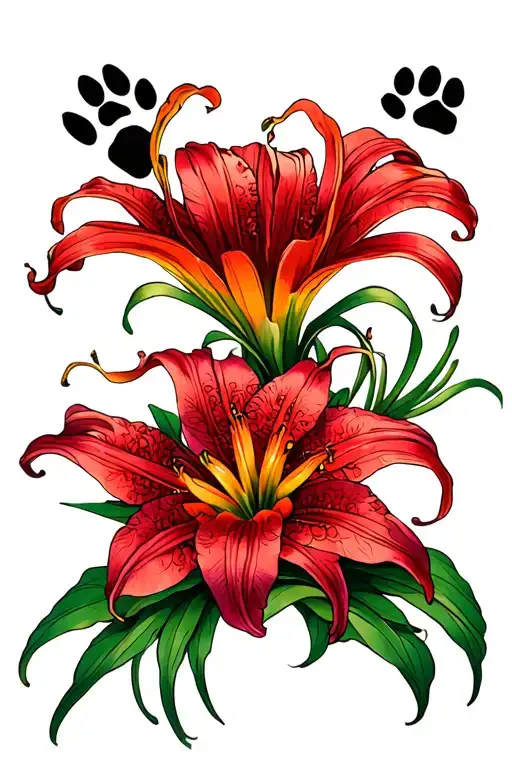 Spider Lilly Flower And Dog Paw Prints Arranged