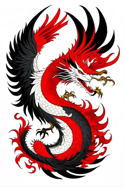 Half Phoenix And Half Dragon Red And Black Colour Ying And Yang Design
