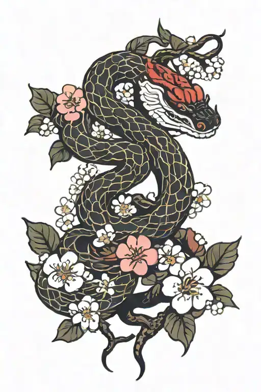 Red Snake And Cherry Blossom