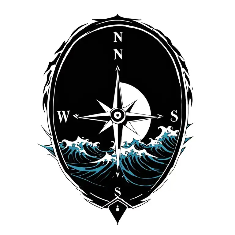 Compass With Anchor And Ocean Waves