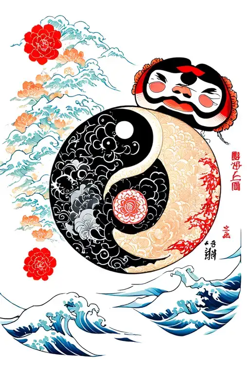 Ying Yang And Daruma Doll And Wave