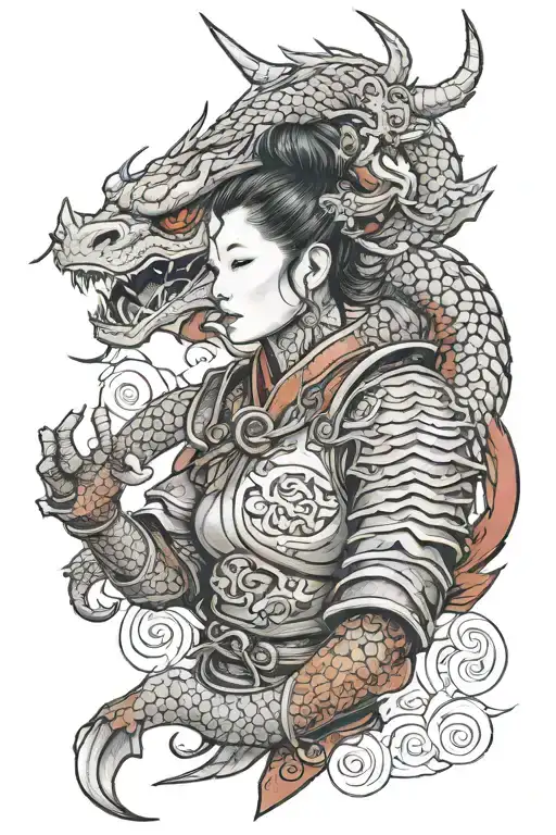 Gurl Face In The Old Armour Holding A Red Dragon Flying