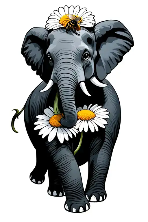 An Elephant With A Bee On A Daisy