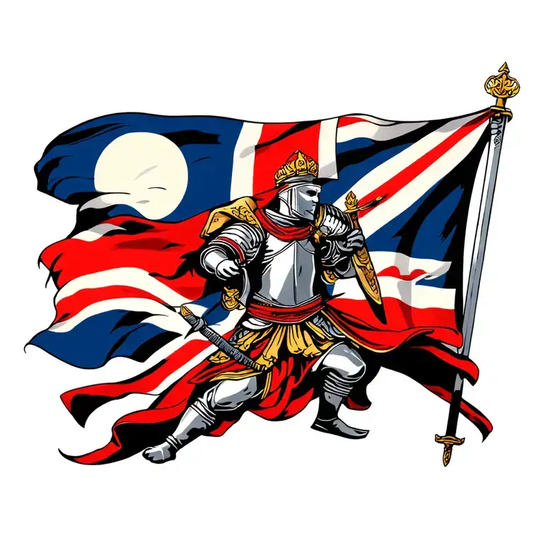 English Flag Waving With Knight Holding A Sword