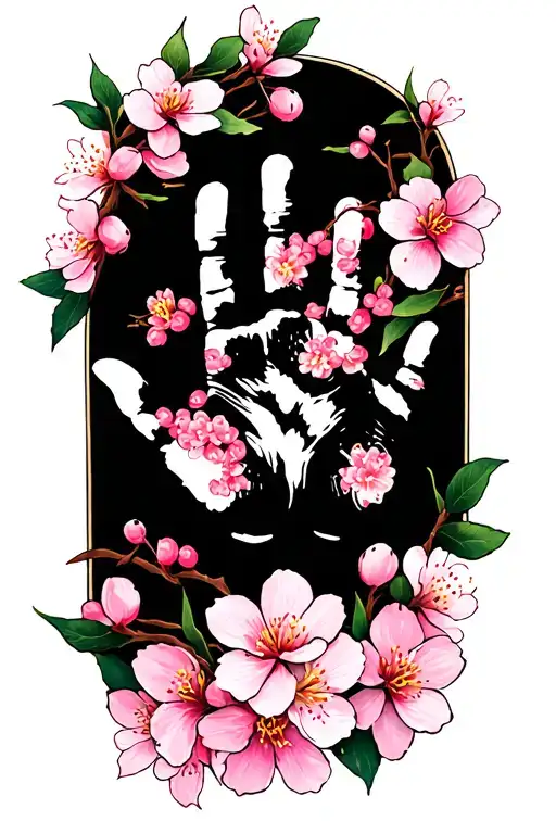 Baby Hand Print Surrounded By Cherry Blossoms