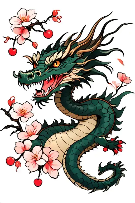 A Dragon Surrounded By Cherry Flowers