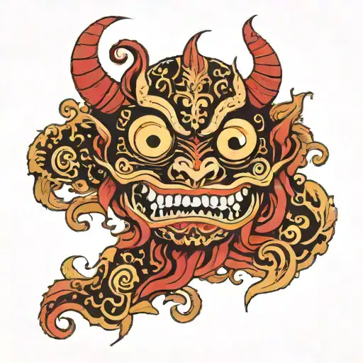 Demon Mask On Belly Red Big Eyes Looking Up