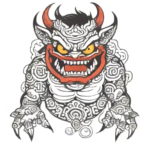 Black Red Demon On Belly Smile Eyes Oval Pupils Blood