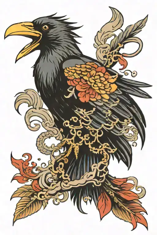 Crow Clutching Coin Transforming Into A Phoenix Flying Out Of Water