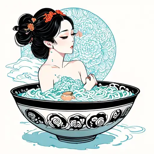 Black Woman Bathing In A Ramen Bowl Filled