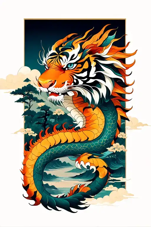 Dragon And Tiger Painting Style With Landscape