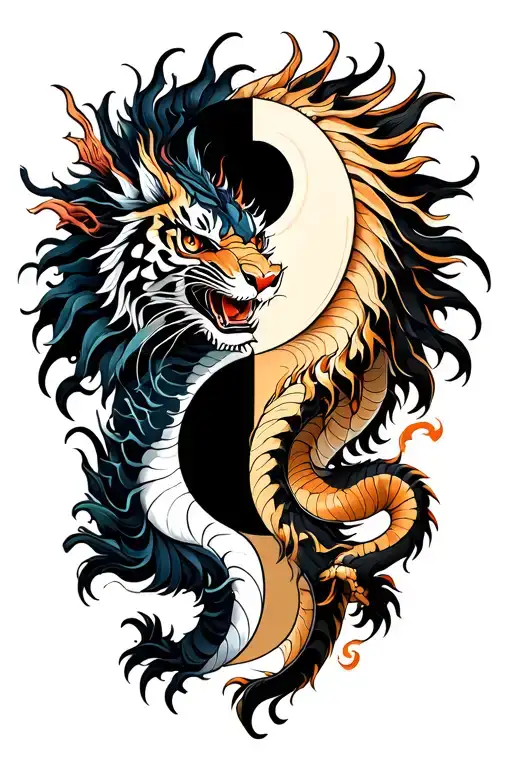 Dragon And Tiger Painting Style With Ying Yang