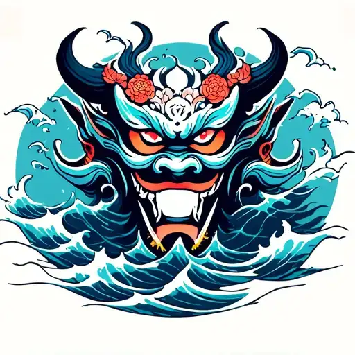 Oni Mask Surrounded Water Waves