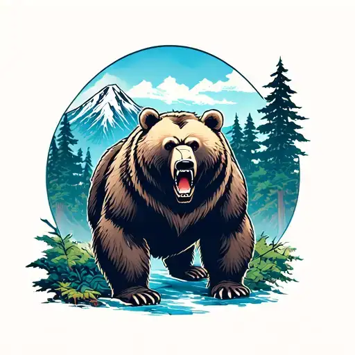 Bear Roaring Standing On 4 Legs He Is In A Lush Forest With Mountains Behind Him