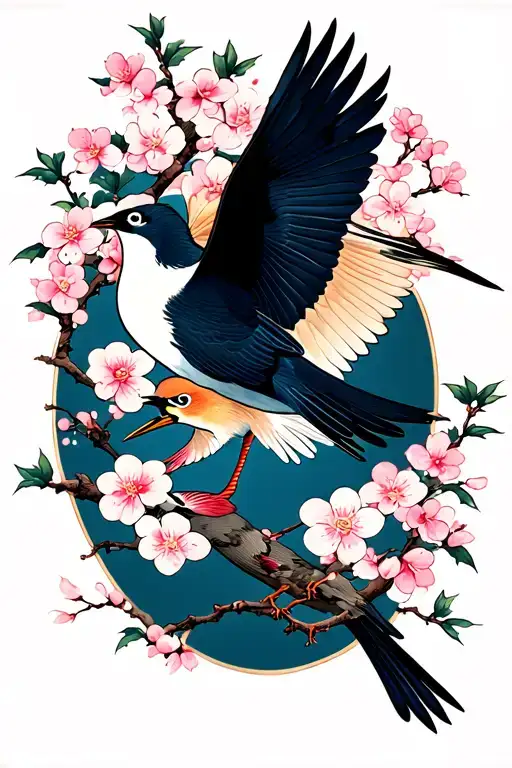 Cherry Blossoms With Crane And Sparrow Flying
