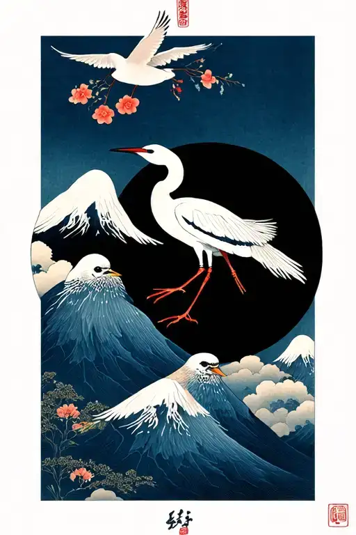Tradional Japanese With Flyng Cranes And Sparrows In Mountians