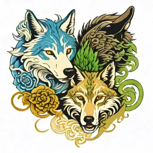 2 Ying And Yang Wolves With Blue Eyes And Green Eyes