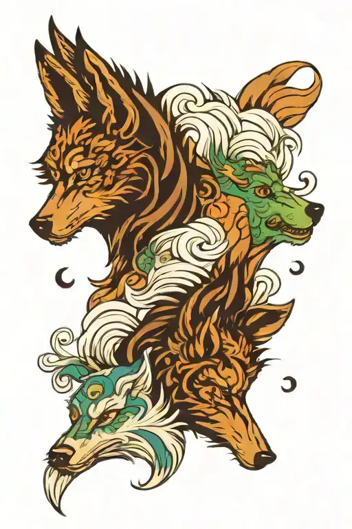 2 Ying And Yang Wolves With Blue And Green Eyes