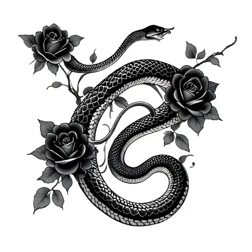A Dainty Snake With Black Roses Intertwined