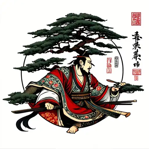 Ancient Samurai With Weaved Bonsai In Yakuza Style