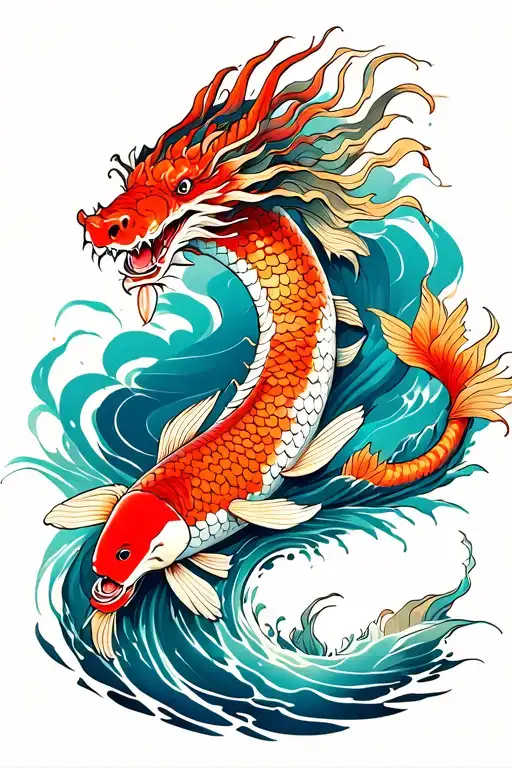 Dragon Going Down Hand And A Koi Fish Swimming Upstream A River Flowing On The