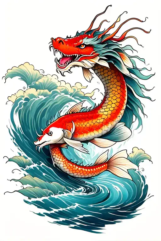 Dragon Going Down Hand And A Koi Fish Swimming Upstream A River Flowing On The